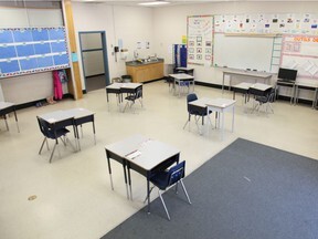 This is a picture of an empty elementary school classroom. Multiple desks and chairs are positioned throughout the room, and several bulletin and white boards can be seen on the walls. 