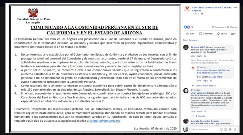A Facebook screenshot of a notice put out by the Consulate of Peru in Los Angeles. 