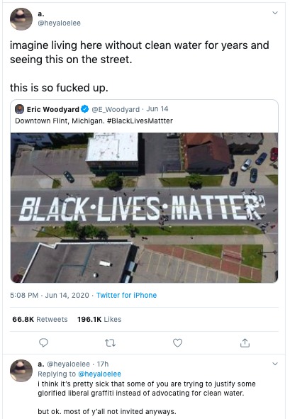 Tweet from heyaloeiee pointing out the hypocracy of the giant "Black Lives Matter" painted on a street in Flint, Mi while they still do not have have clean drinking water.