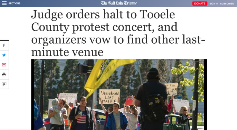 Screenshot of an article titled "Judge orders halt to Tooele County protest concert, and organizers vow to find other last-minute venue".