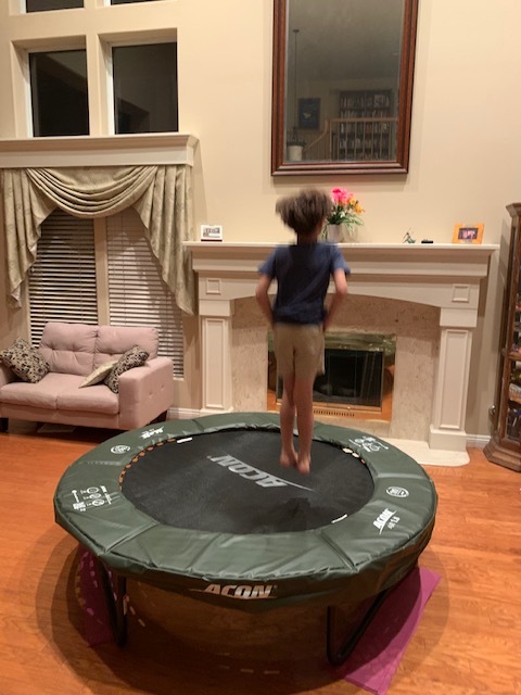 Child jumping on a trampoline inside of a house. 
