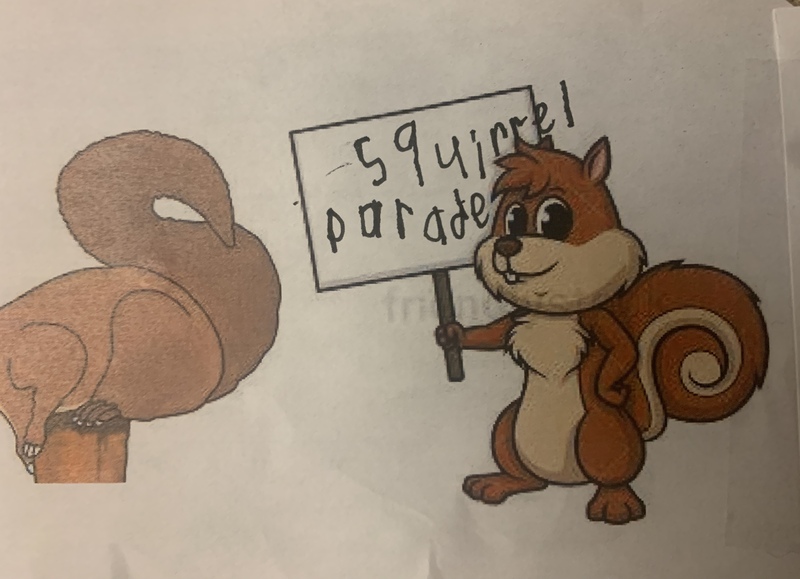 This is a picture of a cartoon squirrel holding a sign that says "squirrel parade". 