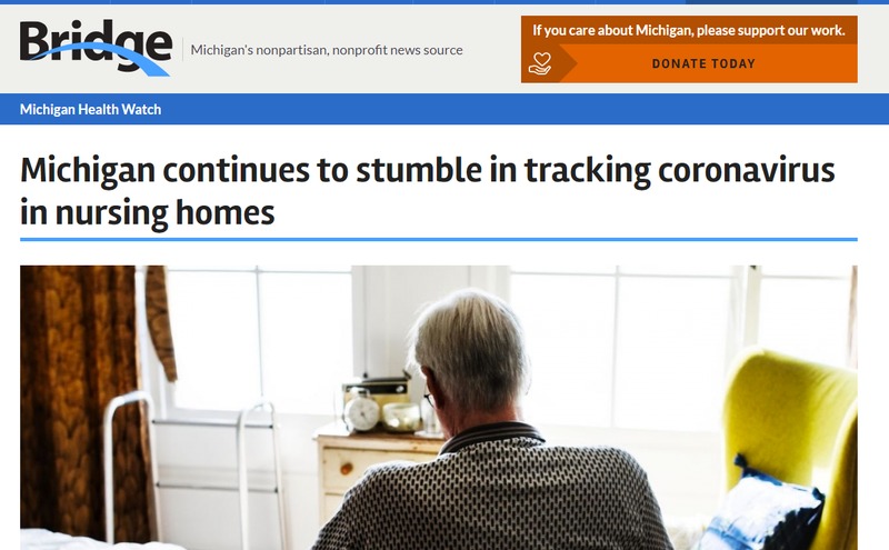 A news article with the title "Michigan continues to stumble in tracking coronavirus numbers in nursing homes".