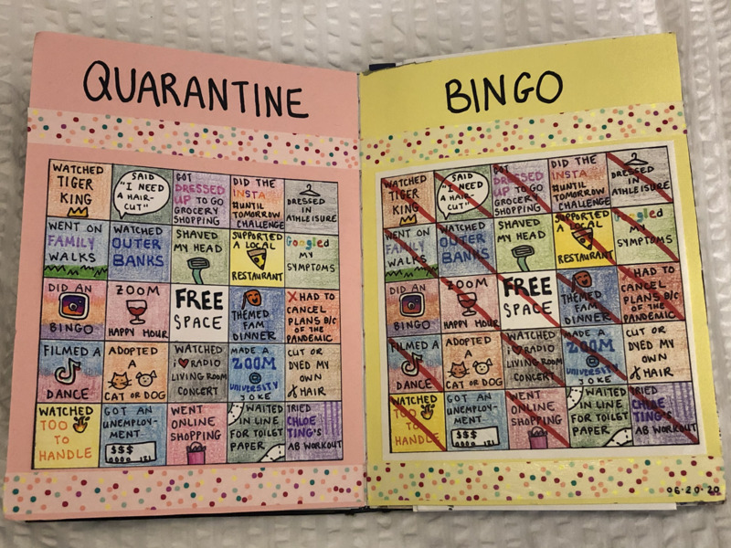 This is a picture taken of two colorful sheets of paper from a game of Bingo, which is labeled "Quarantine Bingo". 