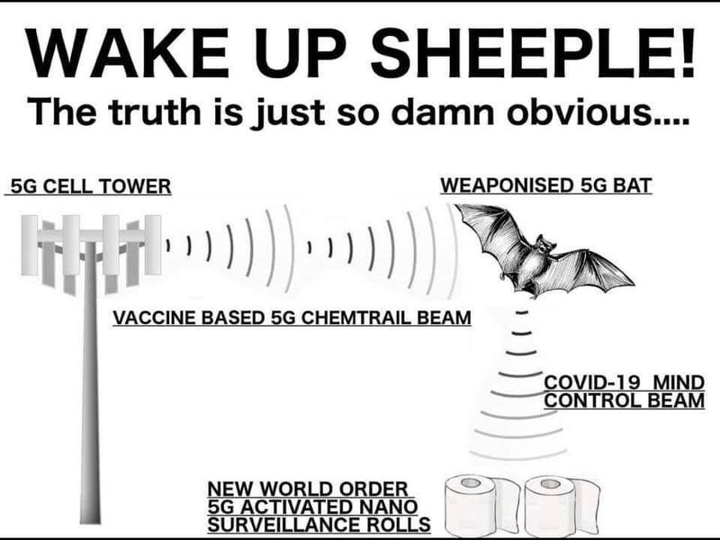 A meme that says: WAKE UP SHEEPLE! The truth is just so damn obvious... From left to right is a cell tower with the words: 5G CELL TOWER written above it with connection beams leading towards a bat. The connection beams have written below it: VACCINE BASED 5G CHEMTRAIL BEAM. Above the bat on the right says: WEAPONIZED 5G BAT. Below there are another set of connection beams leading to rolls of toilet paper. To the right of the connection beams say: COVID-19 MIND CONTROL BEAM. To the left of the rolls of toilet paper says: NEW WORLD ORDER 5G ACTIVATED NANO SURVEILLANCE ROLLS