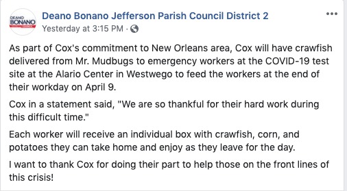 Screenshot of a social media post made by Deano Bonano Jefferson Parish Council District 2. 