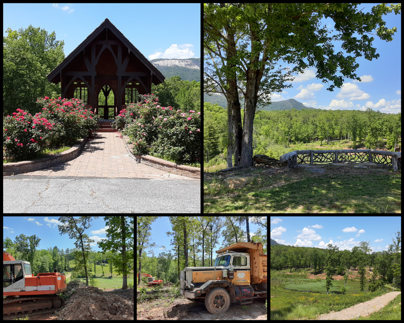 A collage of an unfinished event space. There is a small wooden structure, open spaces of greenery, a forest, and two construction vehicles.