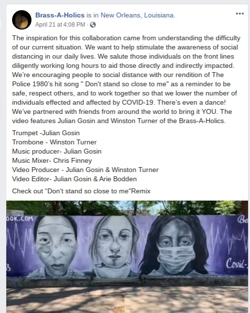 Social media post by "Brass-A-Holics" with photo of a mural that has a purple background and three people: one with a sore on their cheek an short hair (left), one with a facemask under their chin and sores on their nose with longer hair that looks pulled back (middle), and one with a facemask on with long dark hair. All are suppose to represent frontline workers during COVID-19 and all are depicted as exhausted. 