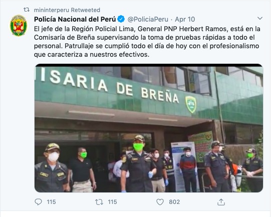 A Twitter screenshot of a retweet by MininterPeru of Policia Nacional del Peru's Twitter post. 