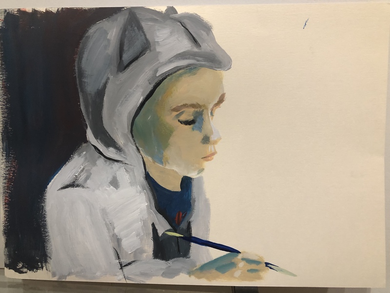 A painting of a person studying.