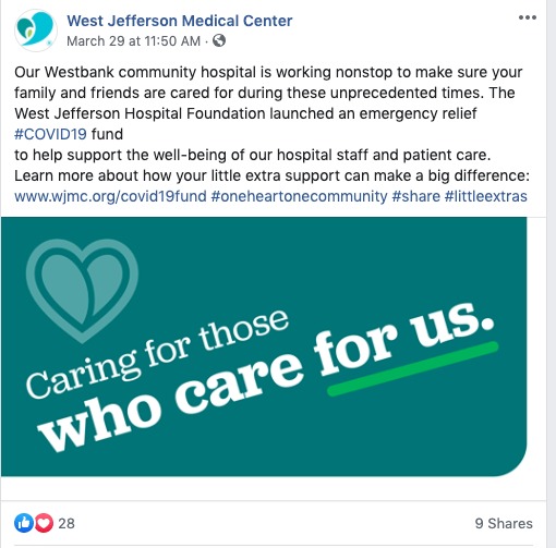 A screenshot of a Facebook post by West Jefferson Medical Center. 