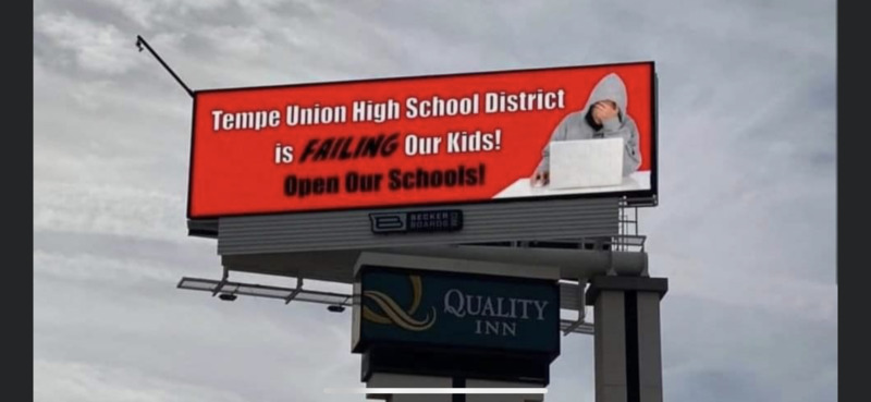 Billboard for Tempe Union High School District urging schools to reopen.