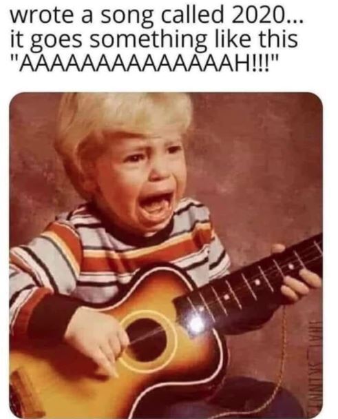 This is a picture of a meme, in which a young boy is holding a guitar and screaming. The caption reads: "wrote a song called 2020... it goes something like this 'AAAAAAAAHH!!!'"