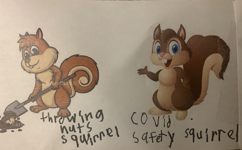 This is a picture taken of two cartoon squirrels. One of the squirrels is burying an acorn with a shovel, and has the words "throwing nuts squirrel" written under it. The second squirrel is smiling, with the words "COVID safety squirrel" underneath it. 