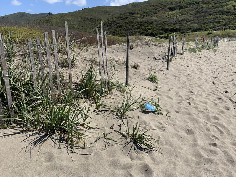 This is a picture of a face mask that has been discarded near a wooden fence by a sand dune. Rolling grassy hills can be seen in the background.