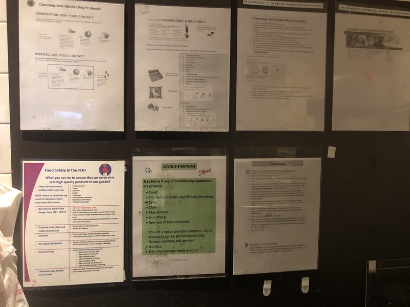 Seven posters of sanitation guidelines at a bakery. 
