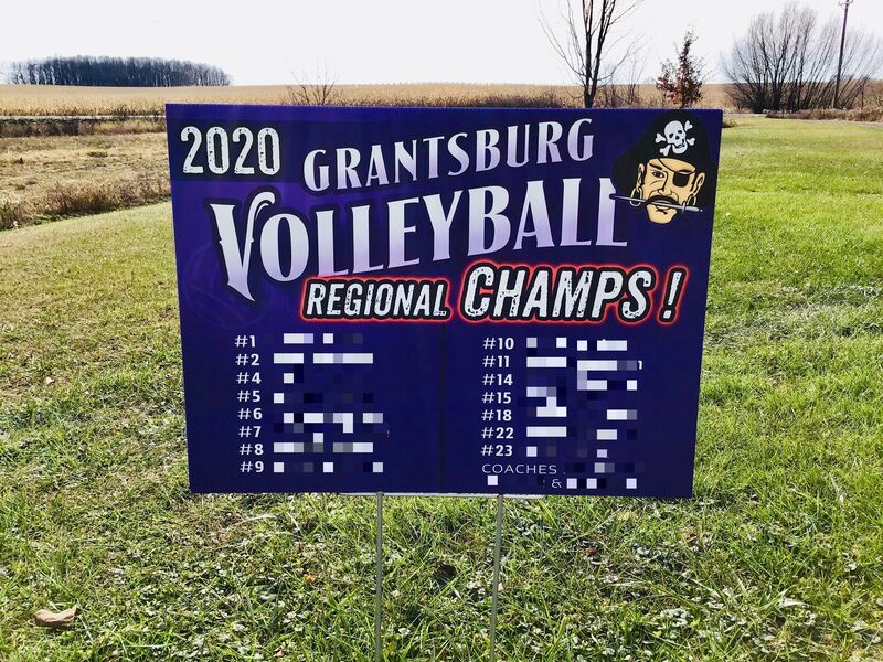 Picture of a sign reading "2020 Grantsburg Volleyball Regional Champs!". 