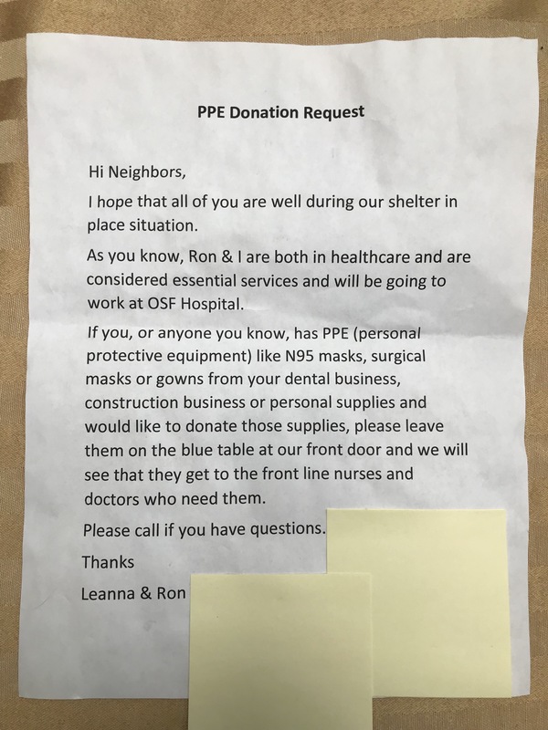 A paper from neighbors to other neighbors asking for personal protective equipment donations to a local hospital. 