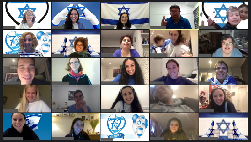 A Zoom call with many Israeli flags. 