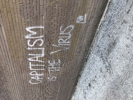 Graffiti on a wall that says "Capitalism is the virus." 