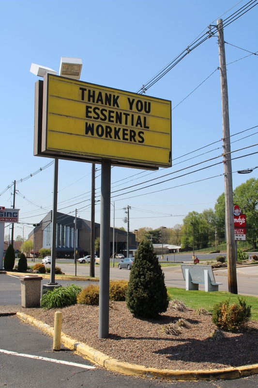 A restaurant sign reading "Thank You Essential Workers".