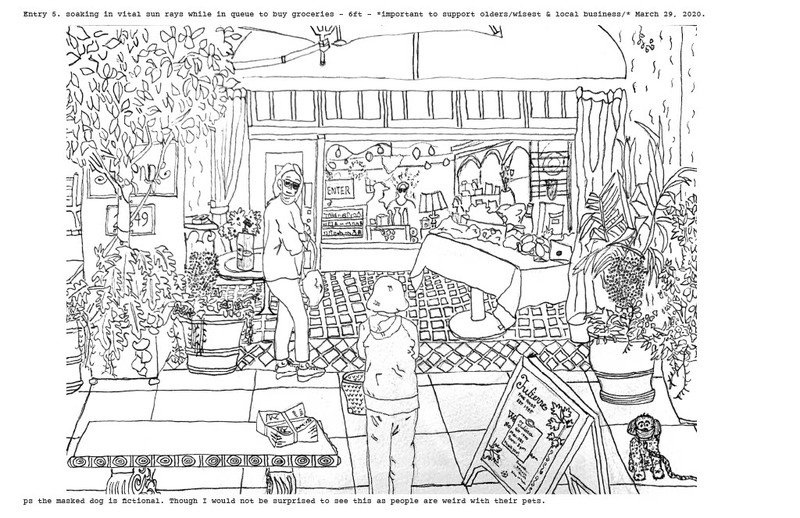 Drawing of people in line at a grocery store. 