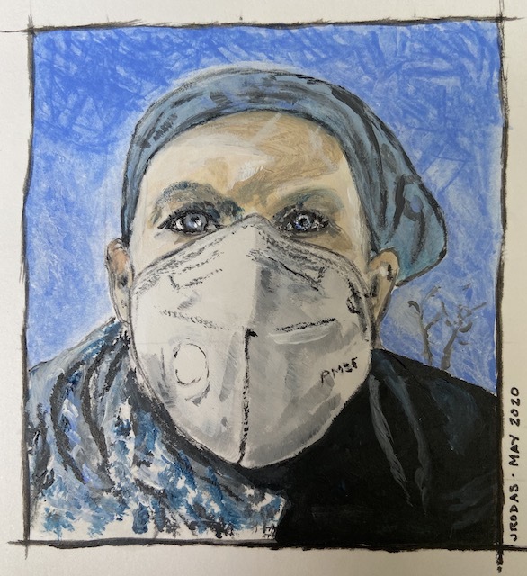 Painted self-portrait of author with mask.