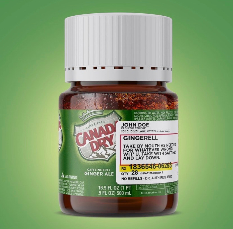 A prescription bottle that looks like Canada Dry ginger ale. 