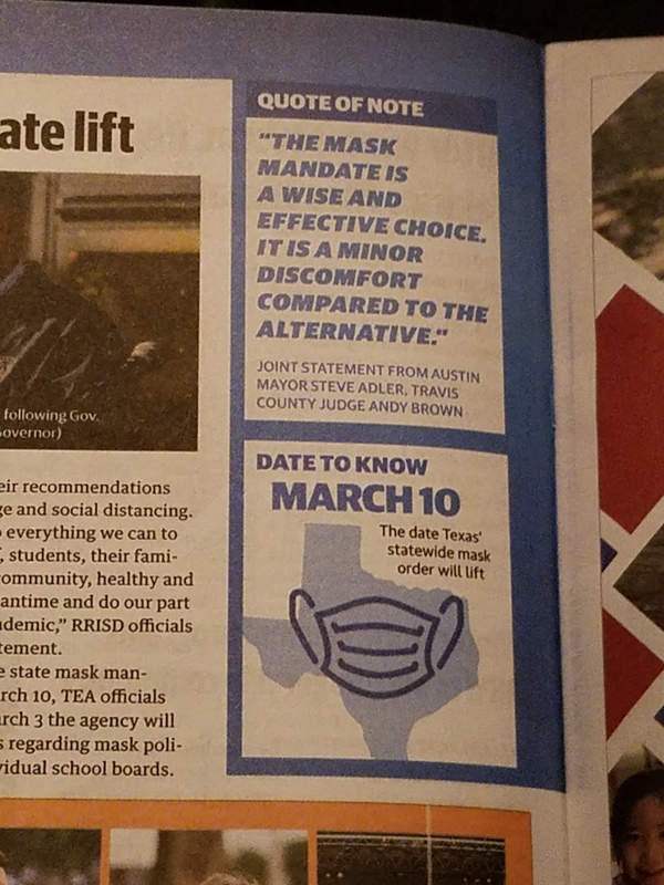 This is a picture of a section of a newspaper, where a quote is added reading "Quote of Note: 'The mask mandate is a wise and effective choice. It is a minor discomfort compared to the alternative.' - Joint statement from Austin Mayor Steve Adler, Travis County Judge Andy Brown."