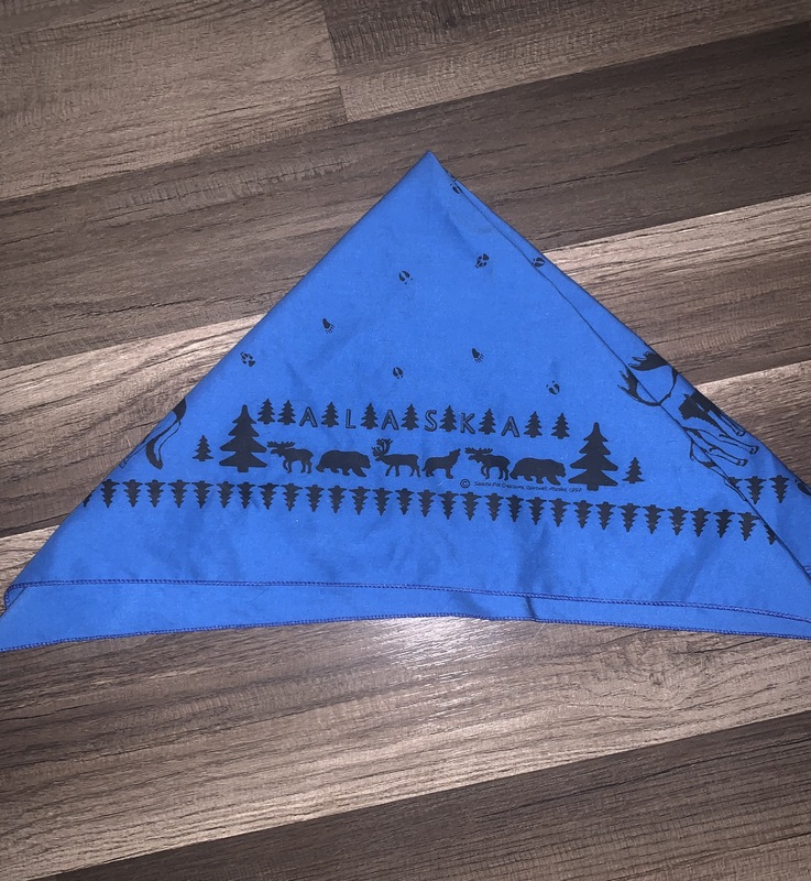 This is a picture of a folded bandana resting on a table, which has "ALASKA" printed on it. 