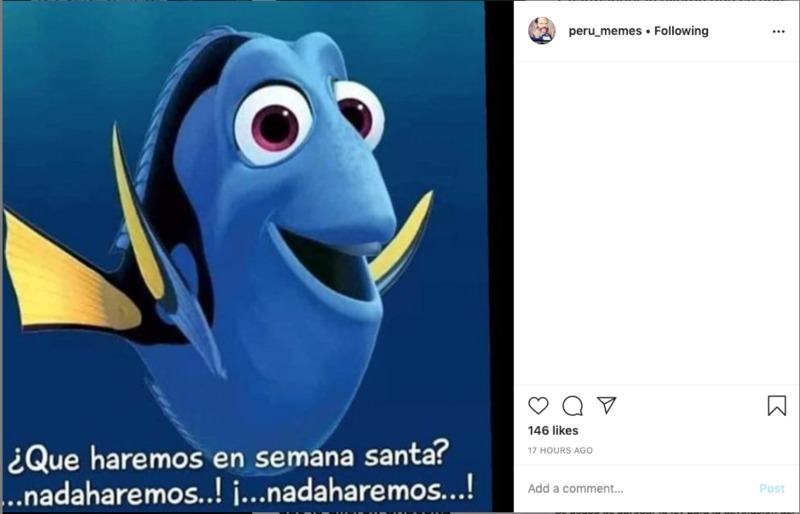 Screenshot of Dory from Finding Nemo with a Spanish caption below it. 