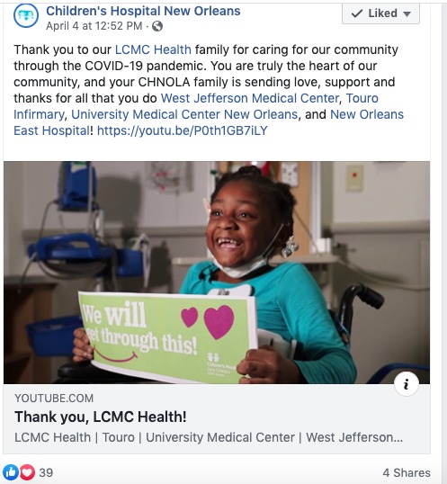 A screenshot of a Facebook post by Children's Hospital New Orleans. 
