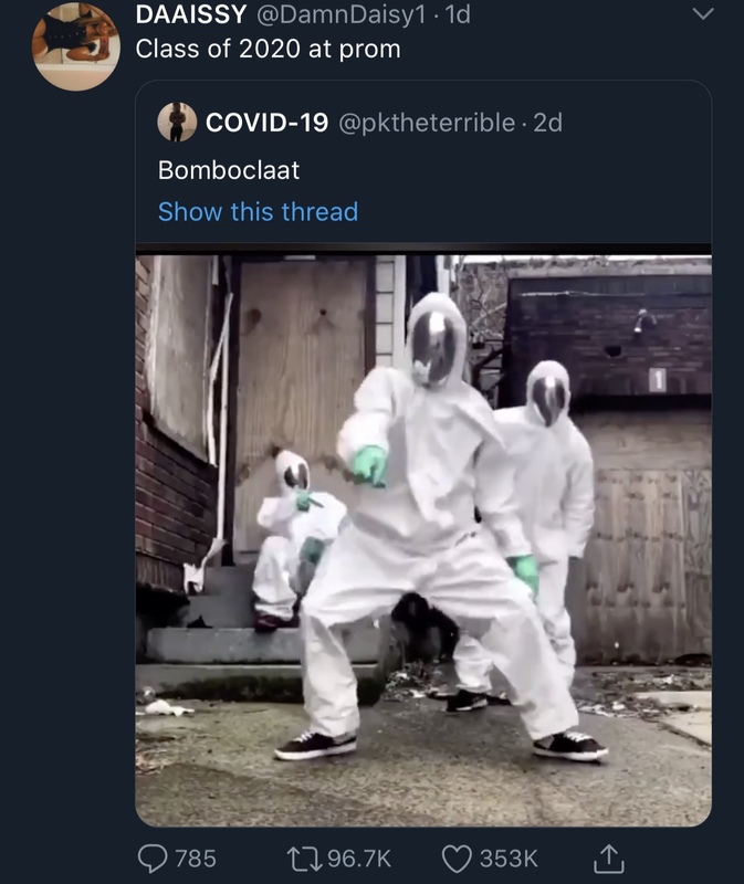 A screenshot of a tweet from Twitter that says "Class of 2020 prom". Beneath that says "bomboclaat" which shows a video with 3 people in it dressed in white hazmat suits.  All three of them are wearing mint-green gloves and also have tennis shoes on. Closest to the front in the middle of the screen is one of them dancing. Behind the dancing person, is a second person dancing off to the right. The third person is off to the left and is sitting on concrete stairs. All three of them are wearing mint-green gloves. 