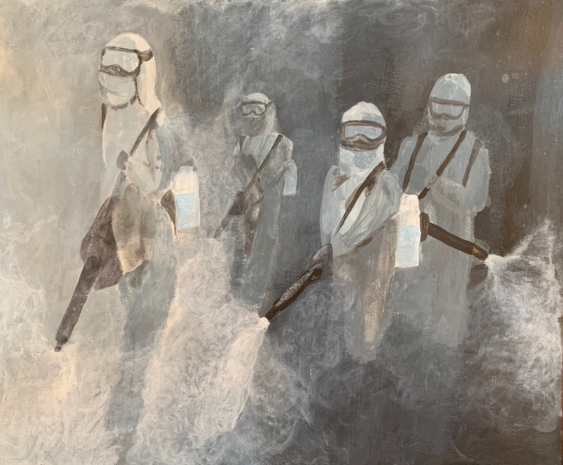 A painting of people in full body white suits, carrying sanitizing sprayers.