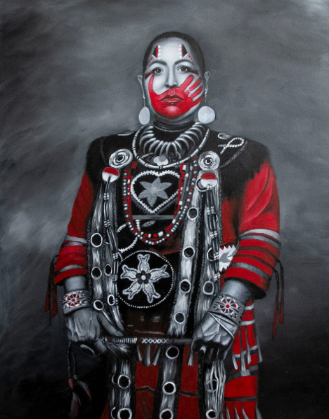 This is a picture of a piece of artwork depicting a Native American woman in traditional ceremonial clothing. 