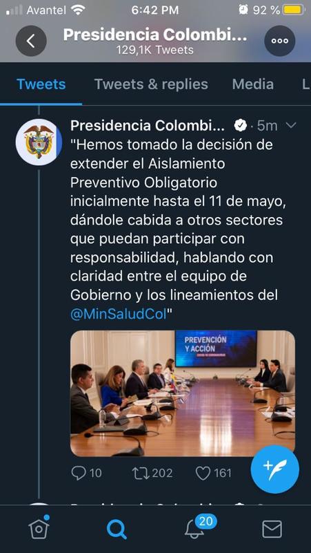 Twitter post from the President of Colombia. 