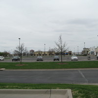 A parking lot with cars lined up in front of a gray sky.