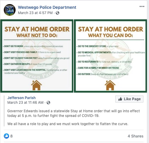 A social media post from Westwego Police Department.