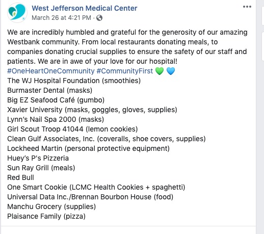A social media post from West Jefferson Medical Center.