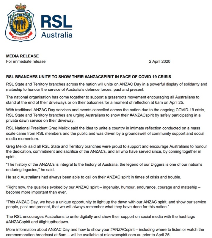 Announcement from the Returned Services League of Australia.