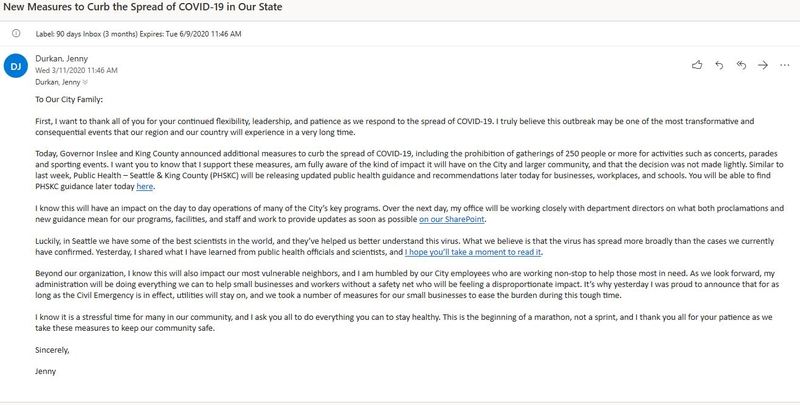 A screenshot of an email from Jenny Durkan.