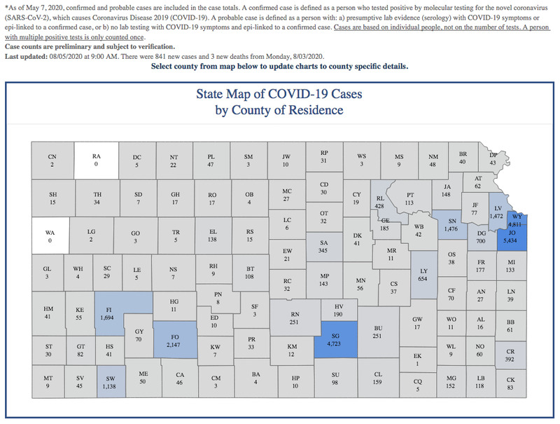 A map showing coronavirus cases by county. It was last updated 08/05/2020.