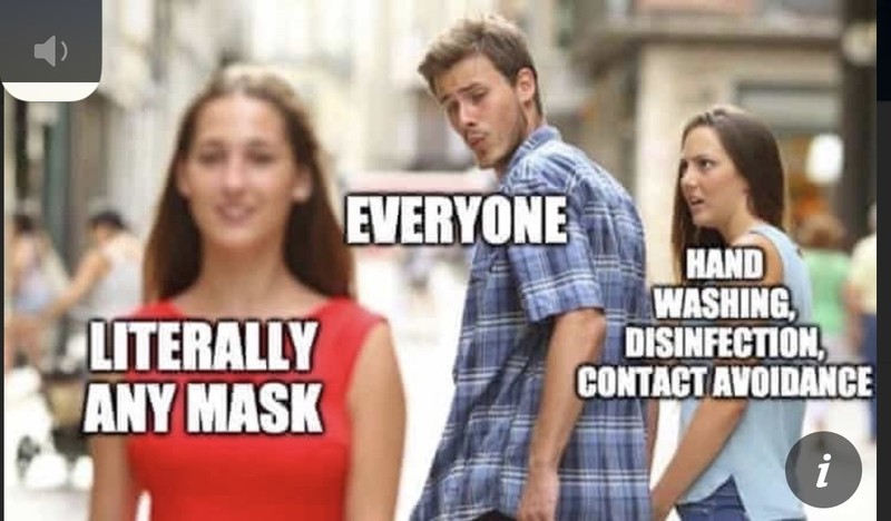A meme about hand washing, disinfection, and contact avoidance.