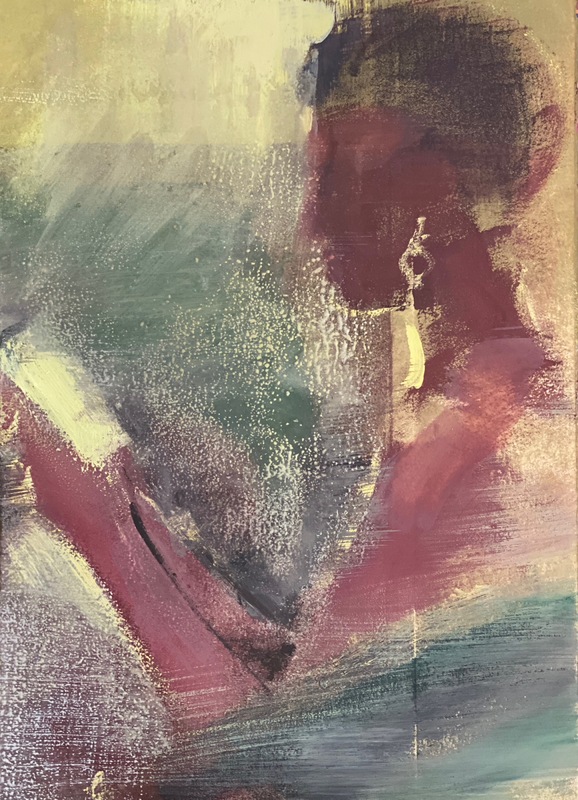 This is a picture taken of a painting which depicts a woman reading a book.