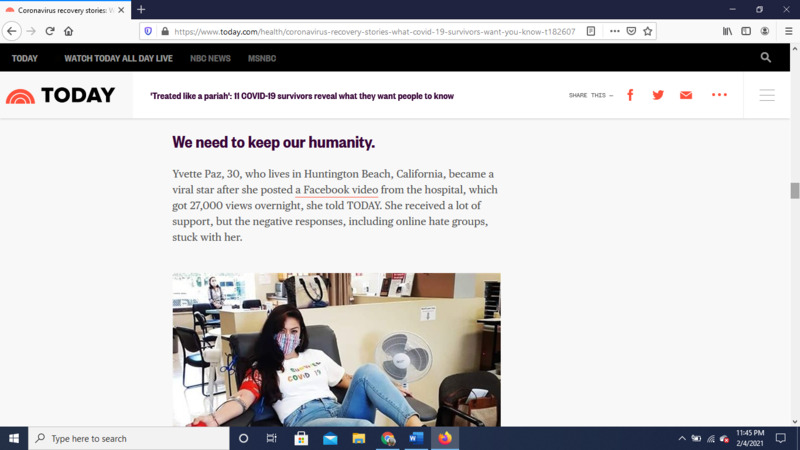 Screenshot of Today show article. Image is a young woman sitting in a chair, wearing a mask. Headline reads, "We need to keep our humanity".