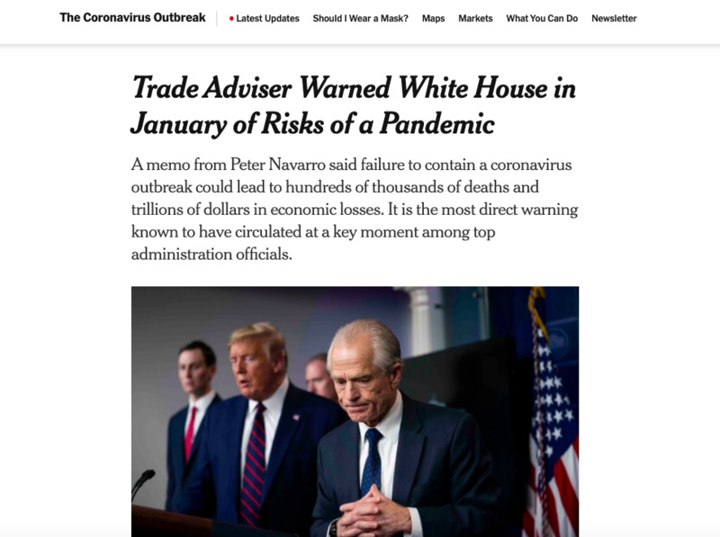 A screenshot of an article titled "Travel Advisor Warned White House in January of Risks of a Pandemic."