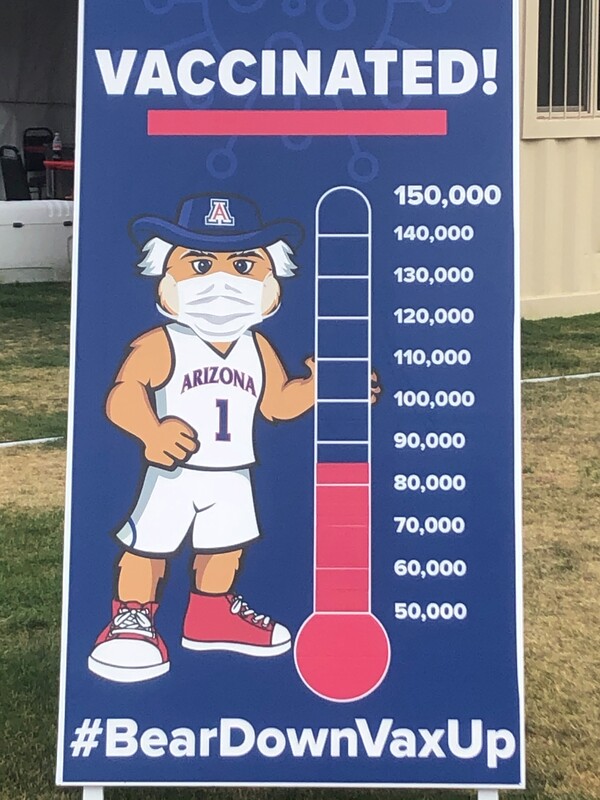 This is a picture of a poster depicting the Wildcat mascot of the University of Arizona wearing a mask, and pointing to a chart which shows how many people in the area or school are currently vaccinated. A hashtag is present at the bottom which reads "#BearDownVaxUp".