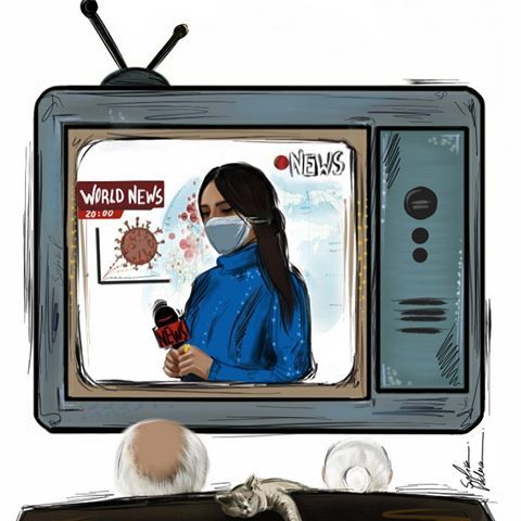 Painting of person watching the news.