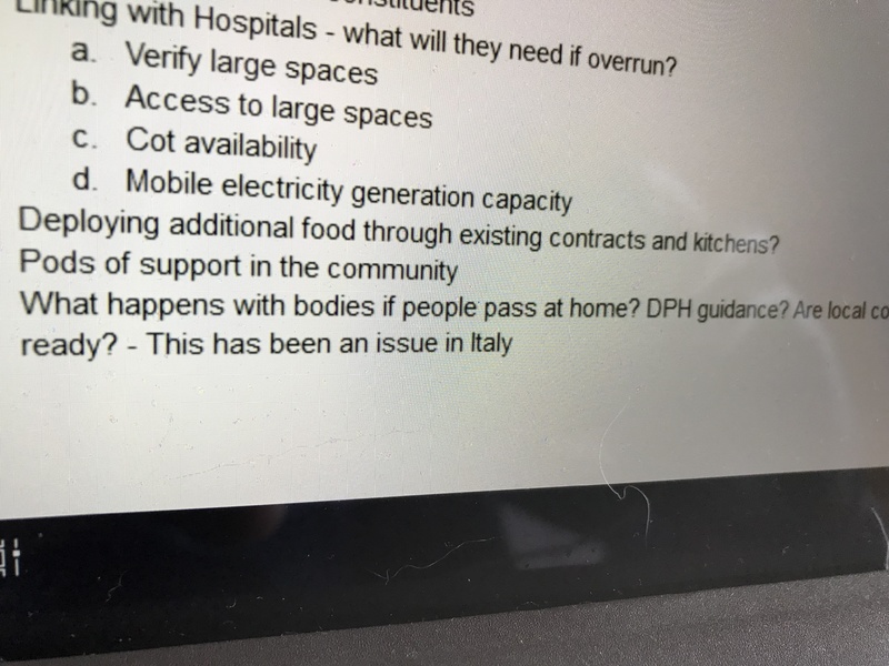 Screenshot of a community response meeting regarding access to hospitals, food shortages, community support, and planning for management of the deceased.