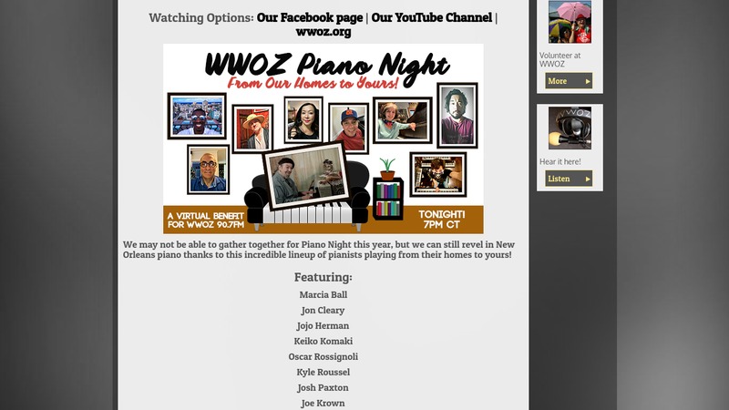 Flyer screenshot with text, "WWOZ PIANO NIGHT - From Our Homes to Yours! - A VIRTUAL BENEFIT FOR WWOZ 90.7FM - TONIGHT AT 7PM CT" Flyer has photos of artists that will be performing at the event and their names listed below.